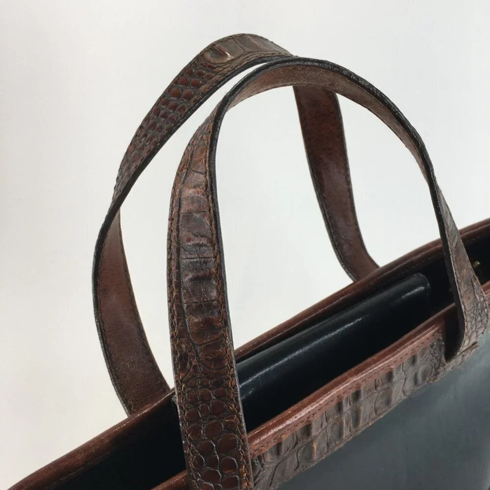 Brahmin Black and Brown Leather Croc Embossed Bucket Shoulder Hand Bag